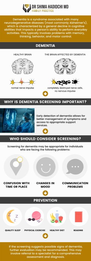 Dementia is a progressive condition that affects memory, thinking, and daily functioning, requiring specialized care and management. Board-Certified Physician Dr. Shima Hadidchi, MD, provides comprehensive dementia management services. We are committed to helping patients and their families navigate the challenges of dementia with personalized care and support at every stage of the condition. Contact Us today for more information or schedule an appointment online! We have convenient locations to serve you in Apple Valley, CA and Victorville, CA.