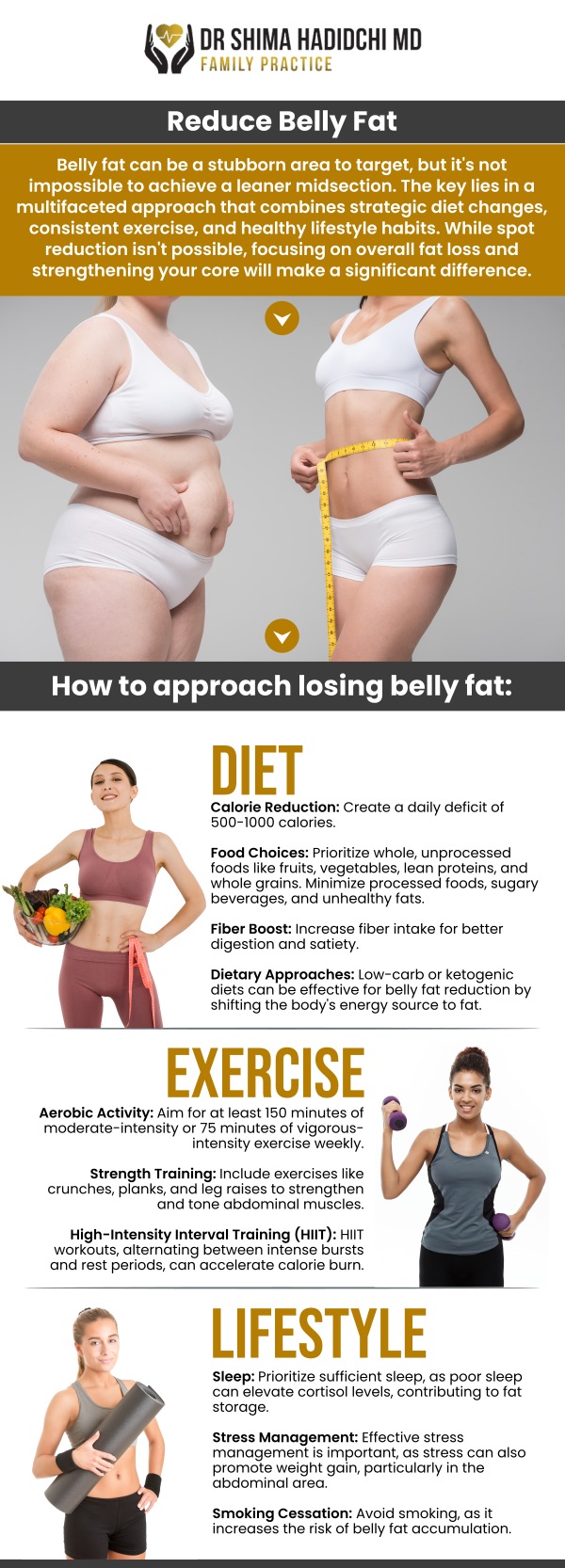 The most effective exercises for belly fat loss combine cardio, strength training, and core-focused exercises. Cardio exercises like running, cycling, and swimming are excellent for burning calories and fat, which helps to reduce overall body fat, including belly fat. When combined with a balanced diet and regular exercise routine, these exercises are highly effective for losing belly fat. Dr. Shima Hadidchi, MD, can guide you in creating a personalized fitness and weight loss plan to help you achieve your goals efficiently and safely. For more information, contact us today or book an appointment online. We are conveniently located at 18112 Wika Rd, Suite 102, Apple Valley, CA 92307. The most effective exercises for belly fat loss combine cardio, strength training, and core-focused exercises. Cardio exercises like running, cycling, and swimming are excellent for burning calories and fat, which helps to reduce overall body fat, including belly fat. When combined with a balanced diet and regular exercise routine, these exercises are highly effective for losing belly fat. Dr. Shima Hadidchi, MD, can guide you in creating a personalized fitness and weight loss plan to help you achieve your goals efficiently and safely. For more information, contact us today or book an appointment online. We are conveniently located at 18112 Wika Rd, Suite 102, Apple Valley, CA 92307.