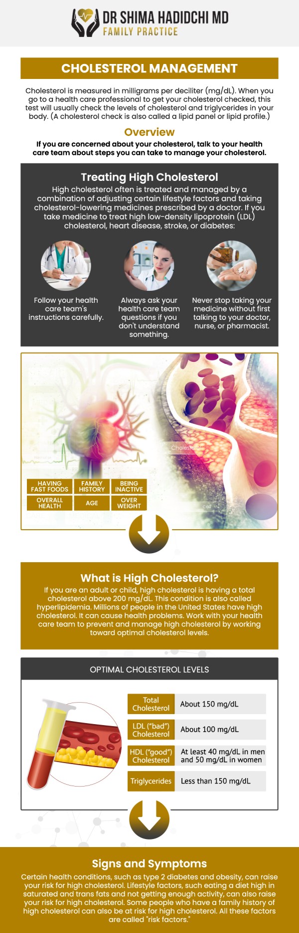 LDL cholesterol is commonly called &ldquo;bad&rdquo; cholesterol because elevated levels may contribute to plaque accumulation inside the arteries, increasing cardiovascular risk. HDL is often called &ldquo;good&rdquo; cholesterol because it helps transport cholesterol from the bloodstream back to the liver for removal. Board-Certified Dr. Shima Hadidchi, MD, and our team in Victorville, CA, assess HDL, LDL, triglycerides, and total cholesterol together to provide a more complete understanding of each patient&rsquo;s cardiovascular health. For more information, contact us or request an appointment online. We are conveniently located at 12740 Hesperia Rd, Suite A, Victorville, CA 92395.