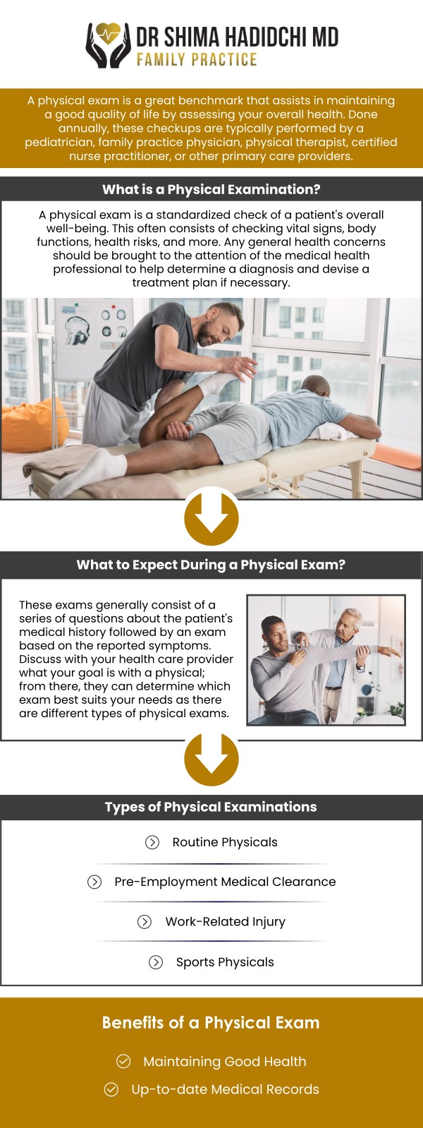Common questions asked by patients: What is included in an annual physical exam? Why are annual physical exams important for your health? How often should you schedule an annual physical exam? What should you expect during an annual physical exam? Annual Physical Exams in Victorville, CA help patients stay proactive about their overall health through preventive evaluations and personalized care. Dr. Shima Hadidchi, MD, a board-certified physician, reviews your health history, wellness goals, and individual needs during each visit. Regular annual physical exams can help support early detection and informed healthcare decisions. For more information, please contact us today or book an appointment online. We are conveniently located at 18112 Wika Rd, Suite 102, Apple Valley, CA 92307. Common questions asked by patients: What is included in an annual physical exam? Why are annual physical exams important for your health? How often should you schedule an annual physical exam? What should you expect during an annual physical exam?
Annual Physical Exams in Victorville, CA help patients stay proactive about their overall health through preventive evaluations and personalized care. Dr. Shima Hadidchi, MD, a board-certified physician, reviews your health history, wellness goals, and individual needs during each visit. Regular annual physical exams can help support early detection and informed healthcare decisions. For more information, please contact us today or book an appointment online. We are conveniently located at 18112 Wika Rd, Suite 102, Apple Valley, CA 92307.