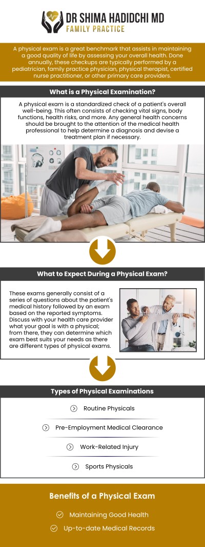 Common questions asked by patients: What is included in an annual physical exam? Why are annual physical exams important for your health? How often should you schedule an annual physical exam? What should you expect during an annual physical exam? Annual Physical Exams in Victorville, CA help patients stay proactive about their overall health through preventive evaluations and personalized care. Dr. Shima Hadidchi, MD, a board-certified physician, reviews your health history, wellness goals, and individual needs during each visit. Regular annual physical exams can help support early detection and informed healthcare decisions. For more information, please contact us today or book an appointment online. We are conveniently located at 18112 Wika Rd, Suite 102, Apple Valley, CA 92307. Common questions asked by patients: What is included in an annual physical exam? Why are annual physical exams important for your health? How often should you schedule an annual physical exam? What should you expect during an annual physical exam?
Annual Physical Exams in Victorville, CA help patients stay proactive about their overall health through preventive evaluations and personalized care. Dr. Shima Hadidchi, MD, a board-certified physician, reviews your health history, wellness goals, and individual needs during each visit. Regular annual physical exams can help support early detection and informed healthcare decisions. For more information, please contact us today or book an appointment online. We are conveniently located at 18112 Wika Rd, Suite 102, Apple Valley, CA 92307.