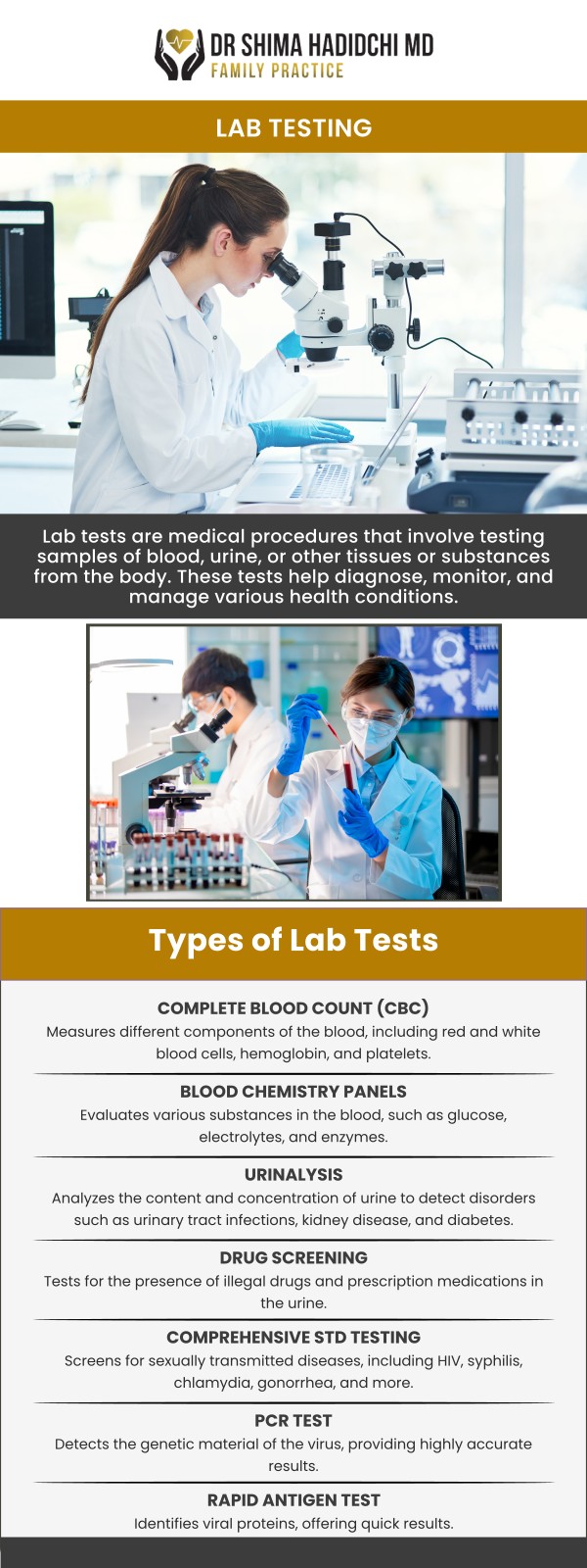Common questions asked by patients: What is included in lab testing? Why are lab tests important for your health? What health concerns can lab testing help evaluate? How does a doctor determine which lab tests are needed? How long does it take to receive lab testing results? Lab testing in Victorville, CA helps evaluate important aspects of your health through accurate diagnostic assessments. Dr. Shima Hadidchi, MD, a board-certified physician, reviews your health needs and recommends appropriate testing based on your individual concerns. With personalized guidance and ongoing care, lab testing can help support informed healthcare decisions. For more information, please contact us today or book an appointment online. We are conveniently located at 18112 Wika Rd, Suite 102, Apple Valley, CA 92307. Common questions asked by patients: What is included in lab testing? Why are lab tests important for your health? What health concerns can lab testing help evaluate? How does a doctor determine which lab tests are needed? How long does it take to receive lab testing results?
Lab testing in Victorville, CA helps evaluate important aspects of your health through accurate diagnostic assessments. Dr. Shima Hadidchi, MD, a board-certified physician, reviews your health needs and recommends appropriate testing based on your individual concerns. With personalized guidance and ongoing care, lab testing can help support informed healthcare decisions. For more information, please contact us today or book an appointment online. We are conveniently located at 18112 Wika Rd, Suite 102, Apple Valley, CA 92307.