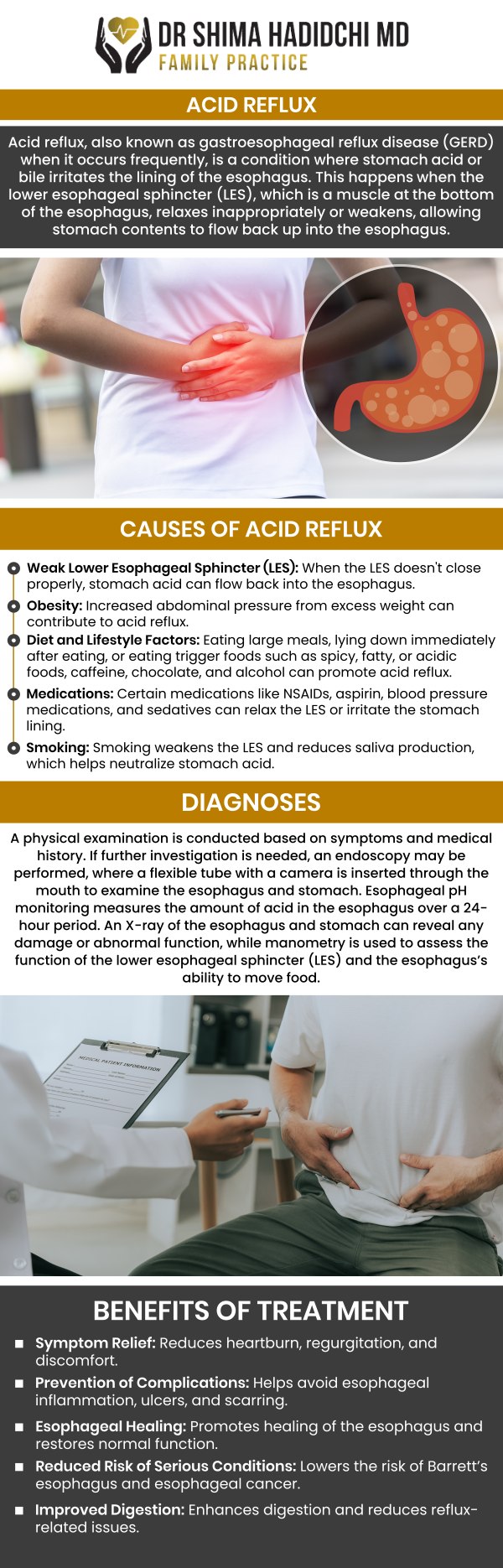 Acid reflux symptoms can include heartburn, a sour or bitter taste, regurgitation, chest discomfort, and irritation in the throat. Some individuals may also experience coughing, hoarseness, nausea, or trouble swallowing, especially when reflux occurs frequently. Symptoms may become worse after large meals, certain trigger foods, or lying down soon after eating. Board-Certified Dr. Shima Hadidchi, MD, and our team can evaluate recurring acid reflux symptoms and recommend appropriate next steps based on individual needs. For more information, contact us or request an appointment online. We are conveniently located at 12740 Hesperia Rd, Suite A, Victorville, CA 92395. Acid reflux symptoms can include heartburn, a sour or bitter taste, regurgitation, chest discomfort, and irritation in the throat. Some individuals may also experience coughing, hoarseness, nausea, or trouble swallowing, especially when reflux occurs frequently. Symptoms may become worse after large meals, certain trigger foods, or lying down soon after eating. Board-Certified Dr. Shima Hadidchi, MD, and our team can evaluate recurring acid reflux symptoms and recommend appropriate next steps based on individual needs. For more information, contact us or request an appointment online. We are conveniently located at 12740 Hesperia Rd, Suite A, Victorville, CA 92395.
